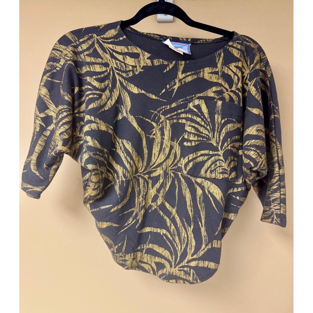 Vintage Palm Leaf Print Dolman Sleeve Top Pullover Boxy Fit  Womens